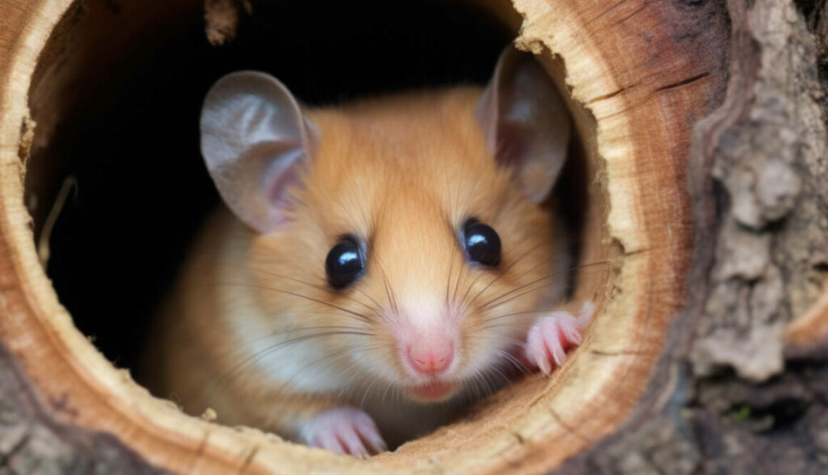 dormouse curled up inside a hollow tree bark