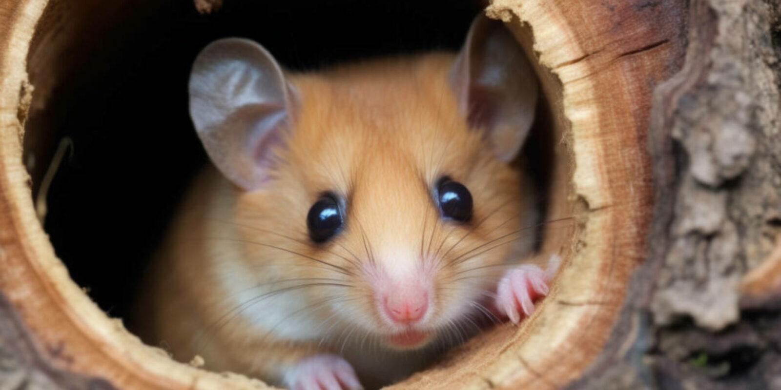 dormouse curled up inside a hollow tree bark