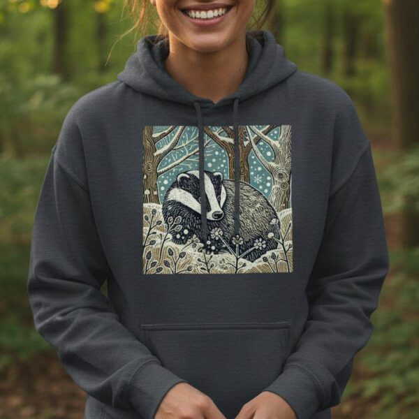 Winter Badger Hoodie | Woodland Wildlife Collection Nature-Inspired Unisex Pullover