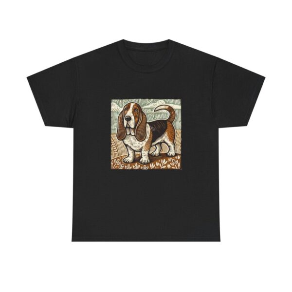 16278067583961535930_2048.jpeg Basset Hound T-shirt: Retro Woodcut Dog Art, Brown White Puppy Furry Friend Heavy Cotton Tee