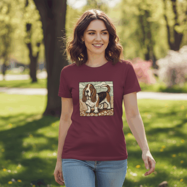 20251126184454-1f0caf80-004a-6348-8d2b-c2013fc753fb.png Basset Hound T-shirt: Retro Woodcut Dog Art, Brown White Puppy Furry Friend Heavy Cotton Tee
