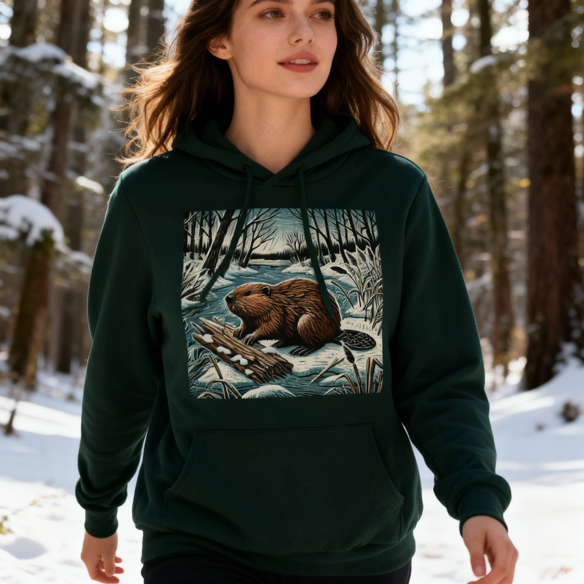 beaver on forest green hoodie woman model