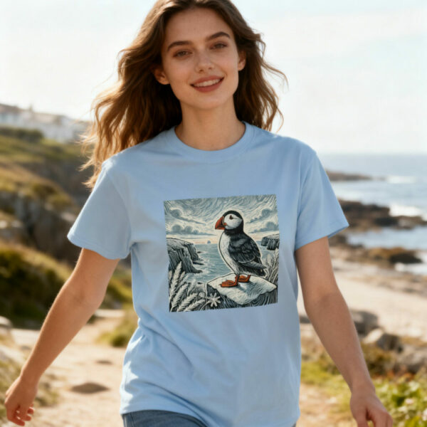 Puffin in Winter T-shirt British Wild Birds Series: Heavyweight Unisex Crewneck Tee