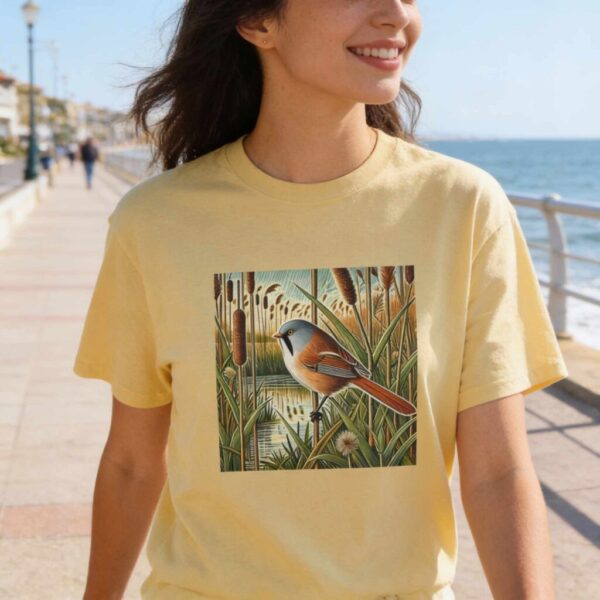 Bearded Tit T-Shirt British Reed bed Bird Wildlife Illustration, Marshland Songbird Nature Tee, Wild Bird Series