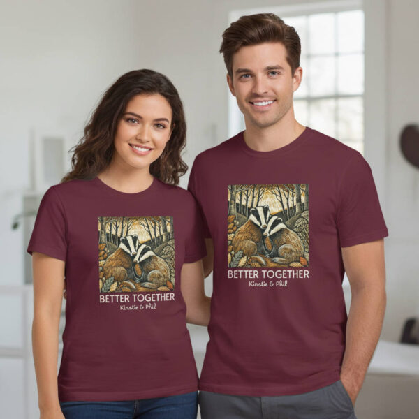 20260122111315-1f0f7835-93b3-6a8c-b863-92bdfcd4af30.jpg Badgers Couples T-Shirt, Better Together with Personalised Names Wildlife Custom Valentine Gift Nature Lover Shirt from Wild at Heart Series