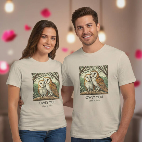 20260122115504-1f0f7893-09d0-6866-8d67-961bc554504a.jpg Barn Owl Couples T-Shirt, Owly You with Personalised Names Cute Owl Custom Valentine Gift Wildlife Lover Shirt from Wild at Heart Series