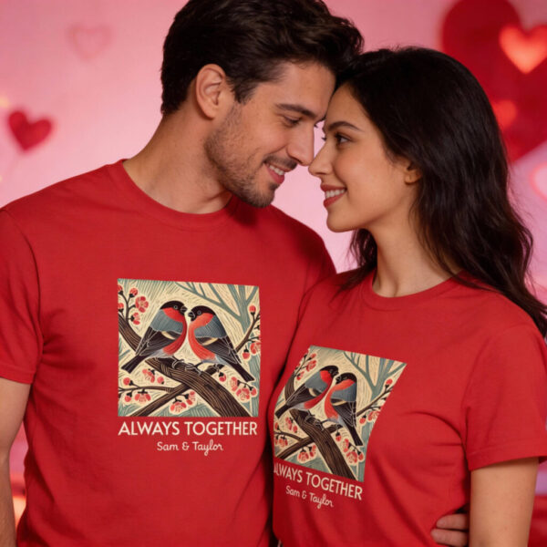 20260124075217-1f0f8f99-a6be-64b2-a206-1e0ab335c5ee.jpg Bullfinch Couple T-Shirt Always Together Personalised Names, Bird Love Gift, Wildlife Couple Shirt from Wild at Heart Series