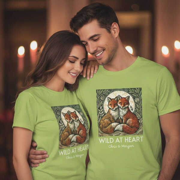 20260124075447-1f0f8f9f-42ec-6ef6-9c3b-6ead6eda43da.jpg Fox Couple T-Shirt Wild at Heart Personalised Names, Woodland Wildlife Love Valentine's Gift, Couple Shirt from Wild at Heart Series