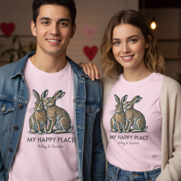 20260124082107-1f0f8fda-21a0-6fb4-b628-5eec38b97934.jpg Hare Couple T-Shirt, My Happy Place Personalised Names, Wildlife Love Valentine's Gift, Nature Couple Shirt from Wild at Heart Series