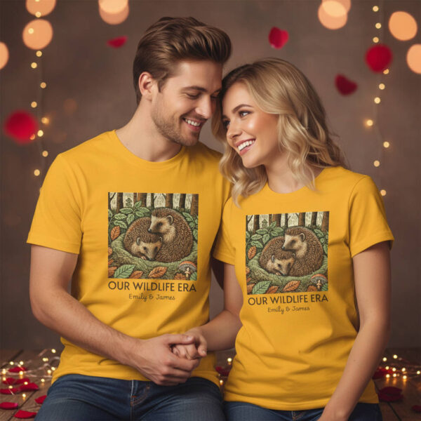 20260124082329-1f0f8fdf-66bd-6a0c-9fc1-6ead6eda43da.jpg Hedgehog Couple T-Shirt, Our Wildlife Era Personalised Names, Cute Animal Valentines's Gift, Couple Tee from Wild at Heart Series