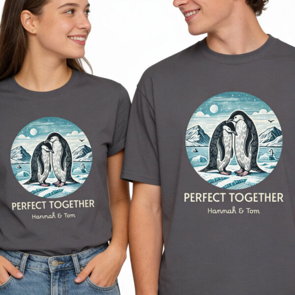 20260124082922-1f0f8fec-9214-6540-b0b6-ceaa2a32a376.jpg Penguin Couple T-Shirt, Perfect Together Personalised Names, Cute Wildlife Valentine's Gift, Couple Tee from Wild at Heart Series