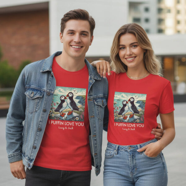 20260124083228-1f0f8ff3-7f56-6802-a5ed-6ead6eda43da.jpg Puffin Couple T-Shirt, I Puffin Love You Personalised Names, Cute Coastal Bird Valentine's Gift, Couple Tee from Wild at Heart Series