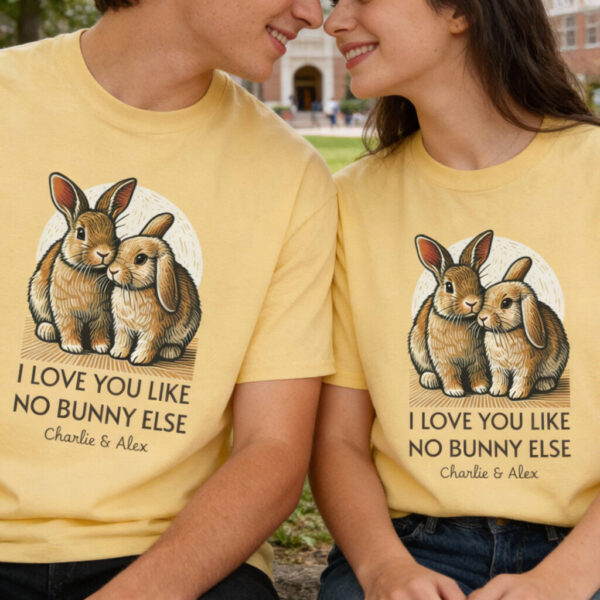 20260124083610-1f0f8ffb-c419-650e-9465-cebecdcd59b2.jpg Bunny Couple T-Shirt, I Love You Like No Bunny Else with Personalised Names, Cute Custom Valentine's Couple Tee from Wild at Heart Series