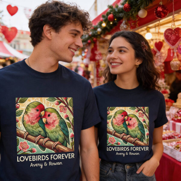 20260124084026-1f0f9005-4aec-6910-af3c-92cb549e1af3.jpg Lovebirds Couple T-Shirt, Lovebirds Forever Personalised Names Romantic Valentine's Day for Him & Her Tee Bird Love Gift
