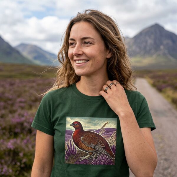 Red Grouse T-Shirt Scottish Moorland Bird Wildlife Illustration Nature Tee Birdwatching Gift UK Heather Moor Bird Shirt