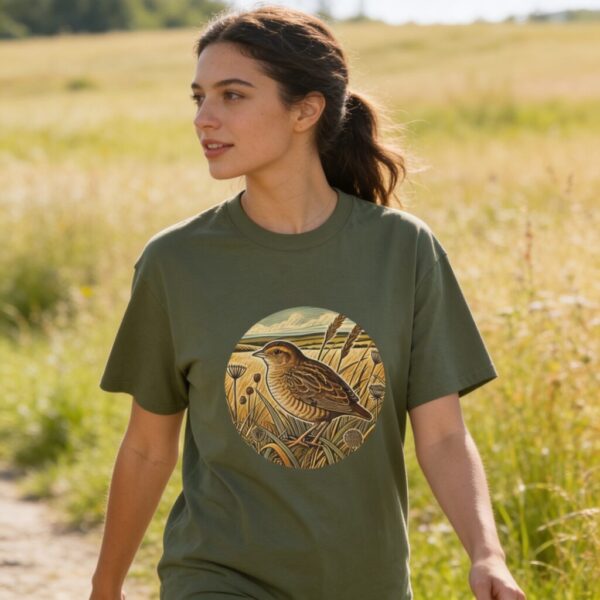 Corncrake T-Shirt Rare Meadow Bird Wildlife Illustration Nature Tee Birdwatching Gift UK Farmland Bird Shirt